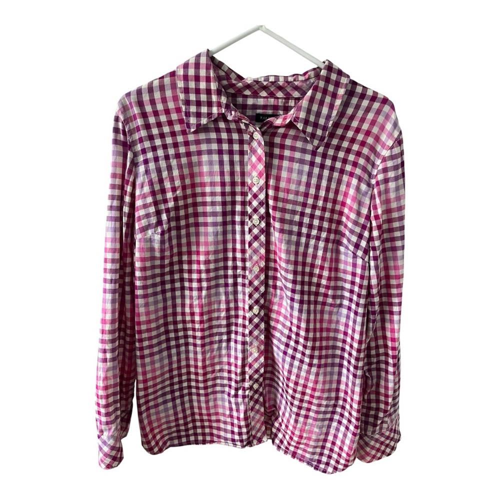 Talbots Checkered Shirt Button Down Large Lightweight 100% Cotton Pink + Purple